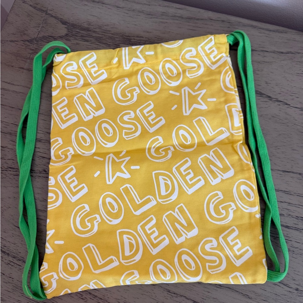 Golden Goose Yellow Logo Drawstring Bag with Green Straps